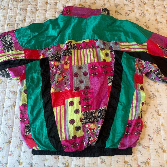 Vintage 80s Olympic Exposure Patterned Windbreaker Size 2 Petite XS-S Teal Black - Picture 7 of 9